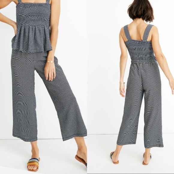 Madewell Texture & Thread Wide Leg Pull On Pants in Stripe Navy White - Picture 1 of 7